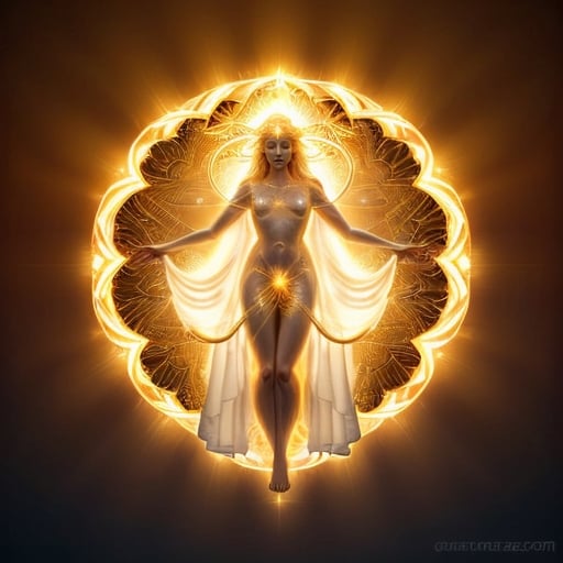 Prompt: height of summer Goddess, sunbaked ethereal body, celestial robes flowing, glowing white golden halo, mythical deity, otherworldly presence, high quality, ethereal, celestial, mystical, detailed design, warm tones, summertime glowing, atmospheric lighting