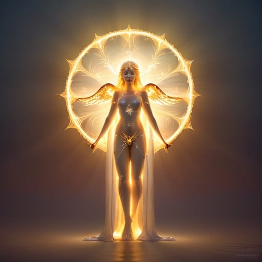 Prompt: height of summer Goddess, sunbaked ethereal body, celestial robes flowing, glowing white golden halo, mythical deity, otherworldly presence, high quality, ethereal, celestial, mystical, detailed design, warm tones, summertime glowing, atmospheric lighting