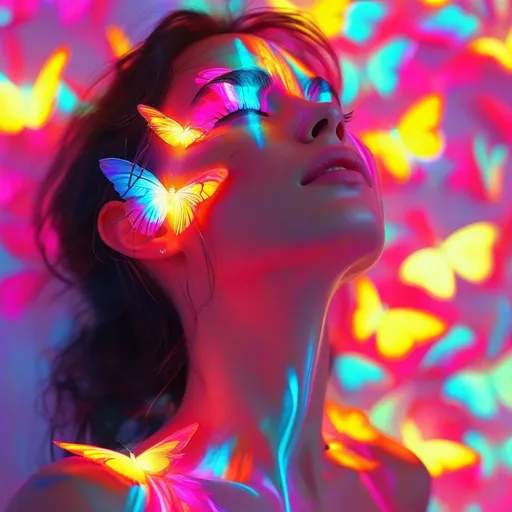 Prompt: realistic proud light drawing bright neon Butterflies on angelic woman's pink painted face spectrum of light drawing rich colours painting intricate detail spectrum array off colour backdrop, bright colourful, elegant design