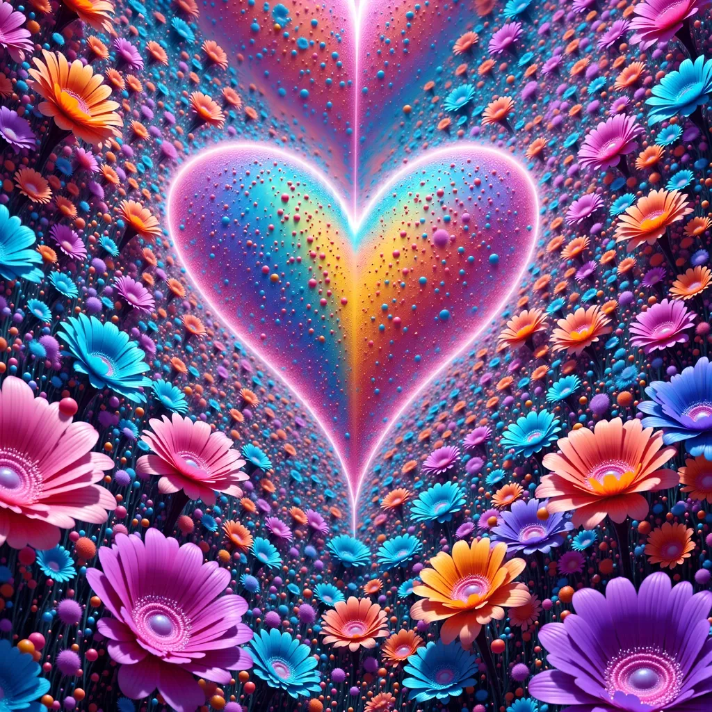 Prompt: realistic proud light drawing bright neon hearts pink and blue and flowers detailed max  shot with opposite color glowing outline also a variety rare patterned cobweb glow covers flowers spectrum of light drawing rich colours painting intricate detail spectrum array of pastel colour backdrop, bright colourful, elegant design