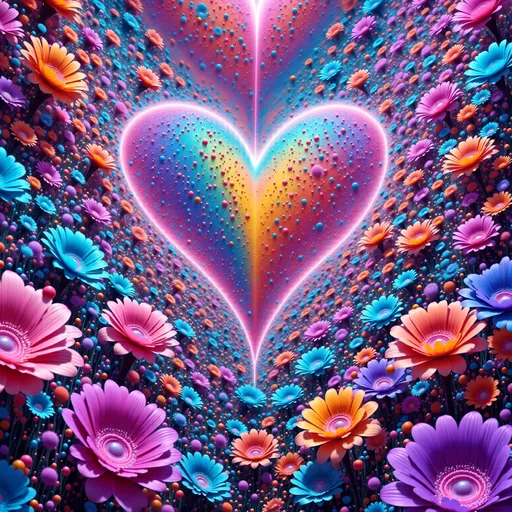 Prompt: realistic proud light drawing bright neon hearts pink and blue and flowers detailed max  shot with opposite color glowing outline also a variety rare patterned cobweb glow covers flowers spectrum of light drawing rich colours painting intricate detail spectrum array of pastel colour backdrop, bright colourful, elegant design