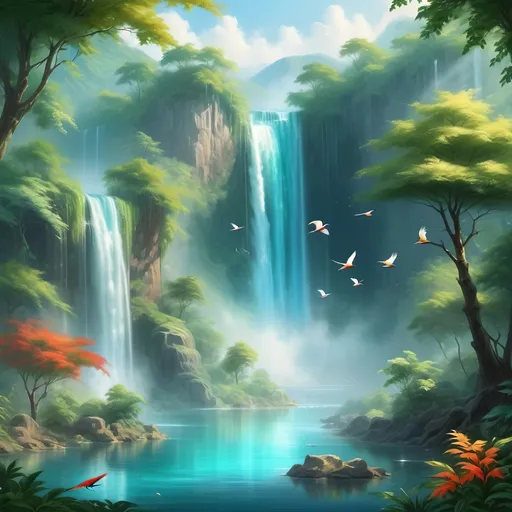 Prompt: (stunning scenic waterfall), (radiant turquoise water), lush greenery surrounding, (colorful birds bathing), gentle mist rising, vibrant foliage, (sunlight cascading through trees), serene atmosphere, tranquil and refreshing vibe, high-quality details emphasizing natural beauty, (peaceful ambiance), ultra-detailed, vivid colors.