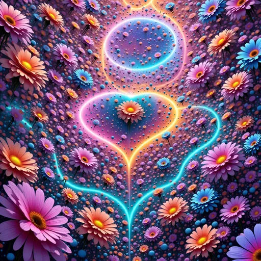 Prompt: realistic proud light drawing bright neon hearts pink and blue and flowers detailed max  shot with opposite color glowing outline also a variety rare patterned cobweb glow covers flowers spectrum of light drawing rich colours painting intricate detail spectrum array of pastel colour backdrop, bright colourful, elegant design
