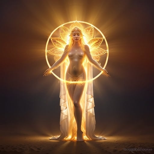 Prompt: height of summer Goddess, sunbaked ethereal body, celestial robes flowing, glowing white golden halo, mythical deity, otherworldly presence, high quality, ethereal, celestial, mystical, detailed design, warm tones, summertime glowing, atmospheric lighting