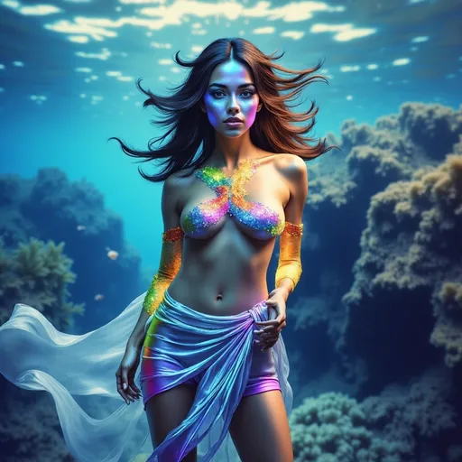 Prompt: A stunning, photorealistic water guardian captivates with her expressive face and intricate, celestial outfit infused with rainbow hues and shimmering diamond incrustation shavings also of gold leaf. Her long, flowing hair transitions through a spectrum of colors, reflecting the underwater light, while her glistening projectile water magic is cast outward warning any aggressor spark of water energy enhance her ethereal beauty. She stands casting magic near a tranquil water scene, surrounded by vibrant coral reefs and schools of fish, as soft beams of light illuminate her iridescent skin, creating a magical ambiance.


The scene captures her fluid movements, emphasizing elegance and grace with which she casts magical hurtful magic in her serene oceanic environment. With a commanding and regal yet powerful pose, she embodies the ocean's depths, exuding both strength and grace. Soft azure highlights cast a serene glow on her figure, contrasting with the vibrant chaos of crashing waves drawn up overhead and swirling currents. Her magical fingertips unleash powerful water blasts, showcasing her immense power.