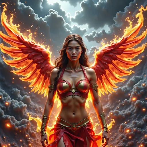 Prompt: In a breathtaking tableau, the fire phoenix female warrior stands as a formidable sentinel of justice, her magnificent wings unfurled in a grand display that captures the very essence of elemental power. Each feather glimmers with vibrant hues of crimson and gold, reflecting a fierce light that seems to pulse with the heartbeat of the blazing sun.


Surrounding her is an aura of vengeance, a shimmering halo of flames that crackles with energy, illuminating the darkness that encroaches from the stormy skies above. The clouds churn ominously, their deep grays and blacks contrasting sharply with the radiant fire that breaks through, casting a surreal glow upon the scene. This interplay of light and shadow creates a captivating visual narrative, evoking a sense of impending reckoning.


The warrior's expression is one of fierce determination, her eyes ablaze with a righteous fire that speaks of unwavering resolve. Every muscle in her poised stance conveys strength and purpose, as if she is ready to unleash the full force of her fiery wrath upon those who have wronged the innocent.


The atmosphere is thick with intensity, each detail rendered in stunning 4K ultra-definition, allowing viewers to immerse themselves in the cinematic grandeur of the moment. The air crackles with anticipation, as the fire phoenix female warrior stands as a beacon of hope and a harbinger of justice, ready to reclaim the balance between light and dark. This is not just a figure of vengeance; she is a symbol of the indomitable spirit that rises from the ashes, inspiring awe and reverence in all who behold her.





