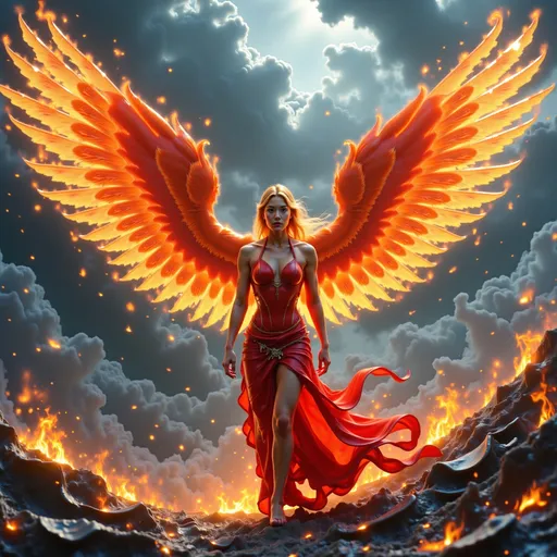 Prompt: In a breathtaking tableau, the fire phoenix female warrior stands as a formidable sentinel of justice, her magnificent wings unfurled in a grand display that captures the very essence of elemental power. Each feather glimmers with vibrant hues of crimson and gold, reflecting a fierce light that seems to pulse with the heartbeat of the blazing sun.


Surrounding her is an aura of vengeance, a shimmering halo of flames that crackles with energy, illuminating the darkness that encroaches from the stormy skies above. The clouds churn ominously, their deep grays and blacks contrasting sharply with the radiant fire that breaks through, casting a surreal glow upon the scene. This interplay of light and shadow creates a captivating visual narrative, evoking a sense of impending reckoning.


The warrior's expression is one of fierce determination, her eyes ablaze with a righteous fire that speaks of unwavering resolve. Every muscle in her poised stance conveys strength and purpose, as if she is ready to unleash the full force of her fiery wrath upon those who have wronged the innocent.


The atmosphere is thick with intensity, each detail rendered in stunning 4K ultra-definition, allowing viewers to immerse themselves in the cinematic grandeur of the moment. The air crackles with anticipation, as the fire phoenix female warrior stands as a beacon of hope and a harbinger of justice, ready to reclaim the balance between light and dark. This is not just a figure of vengeance; she is a symbol of the indomitable spirit that rises from the ashes, inspiring awe and reverence in all who behold her.





