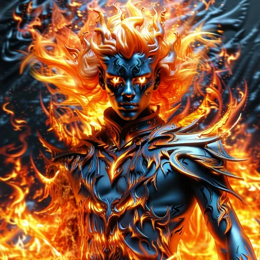 Prompt: A striking fire elemental champion with flowing crimson hair that flickers like flames and piercing amber eyes that glow with an inner fire. His pose is commanding and fierce, exuding an aura of both power and intensity, as if he is the very embodiment of a blazing inferno. Fiery orange and gold highlights illuminate his figure, casting a radiant glow that contrasts with the chaotic brilliance of swirling flames and crackling embers surrounding him. He conjures fire with his outstretched hands, sending forth brilliant fireballs and streams of molten energy that dance and twist in the air, showcasing his mastery over fire magic.


The background features a sleek, dark obsidian surface, isolating him and accentuating the tumultuous energy of the flames, making him the focal point of this dramatic scene. Focus on capturing the intricate textures of the flames, the dynamic details of his fiery attire, and the palpable motion that conveys his immense power and the casting of his unparalleled fire magic. The artwork should be rendered in ultra-high detail and resolution, celebrating the duality of beauty and strength that defines this fire champion. Full arm tattoos of intricate flame designs wrap around his arms, further emphasizing his connection to the elemental forces he commands.



