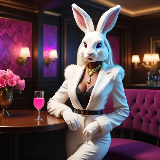 Prompt: Female humanoid Easter bunny, elegant evening attire, upscale club setting, elaborate neon bright accessories, high quality, detailed fur texture, anthropomorphic character, casual drinking, classy, sophisticated, festive atmosphere