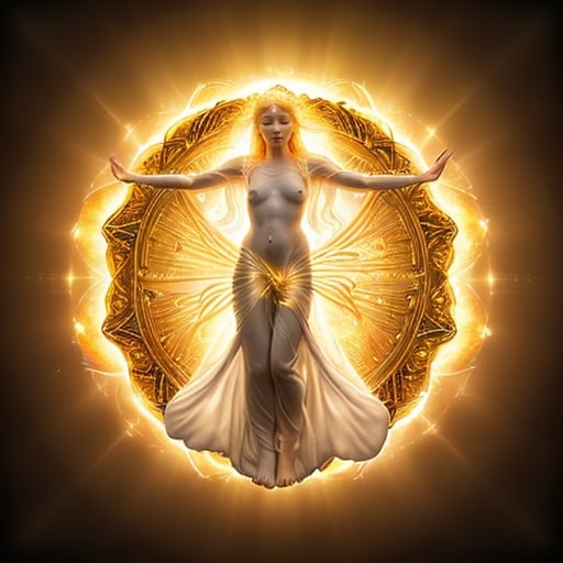 Prompt: height of summer Goddess, sunbaked ethereal body, celestial robes flowing, glowing white golden halo, mythical deity, otherworldly presence, high quality, ethereal, celestial, mystical, detailed design, warm tones, summertime glowing, atmospheric lighting