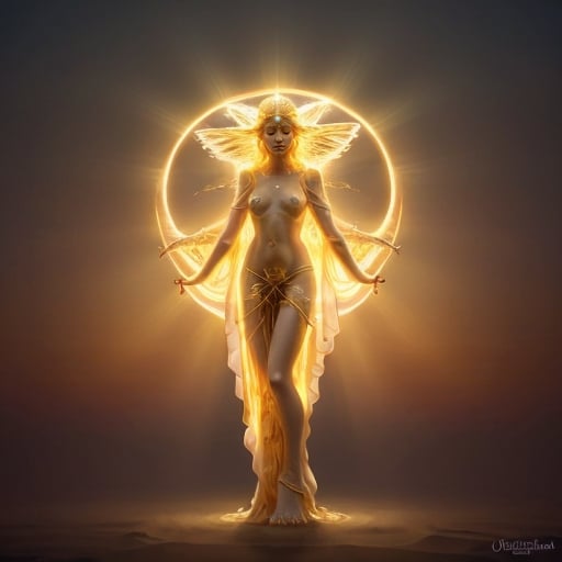 Prompt: height of summer Goddess, sunbaked ethereal body, celestial robes flowing, glowing white golden halo, mythical deity, otherworldly presence, high quality, ethereal, celestial, mystical, detailed design, warm tones, summertime glowing, atmospheric lighting