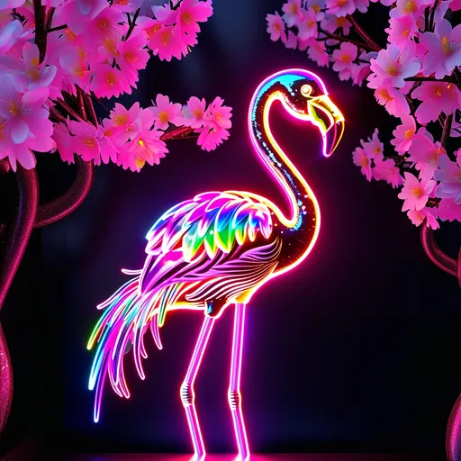 Prompt: shiny disco spectrum style 3D flamingo neon in a traditional neon flamingo shape with a cherry blossom above them flowering, on a white background, Art Brenner, funk art, highly detailed digital art, a digital rendering :disco  neon spectrum flamingo. 