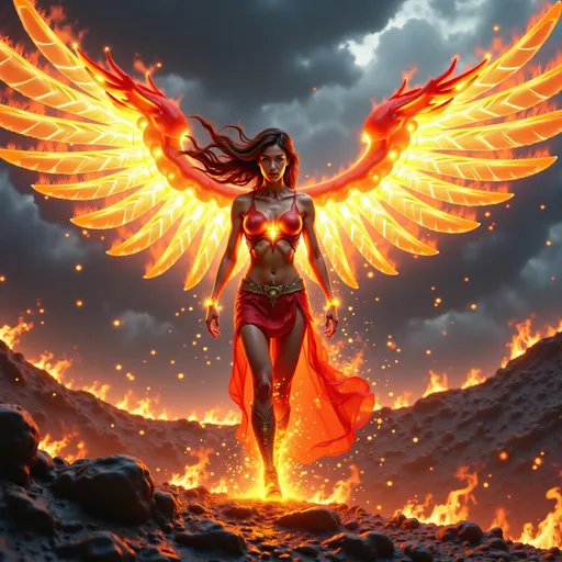 Prompt: In a breathtaking tableau, the fire phoenix female warrior stands as a formidable sentinel of justice, her magnificent wings unfurled in a grand display that captures the very essence of elemental power. Each feather glimmers with vibrant hues of crimson and gold, reflecting a fierce light that seems to pulse with the heartbeat of the blazing sun.


Surrounding her is an aura of vengeance, a shimmering halo of flames that crackles with energy, illuminating the darkness that encroaches from the stormy skies above. The clouds churn ominously, their deep grays and blacks contrasting sharply with the radiant fire that breaks through, casting a surreal glow upon the scene. This interplay of light and shadow creates a captivating visual narrative, evoking a sense of impending reckoning.


The warrior's expression is one of fierce determination, her eyes ablaze with a righteous fire that speaks of unwavering resolve. Every muscle in her poised stance conveys strength and purpose, as if she is ready to unleash the full force of her fiery wrath upon those who have wronged the innocent.


The atmosphere is thick with intensity, each detail rendered in stunning 4K ultra-definition, allowing viewers to immerse themselves in the cinematic grandeur of the moment. The air crackles with anticipation, as the fire phoenix female warrior stands as a beacon of hope and a harbinger of justice, ready to reclaim the balance between light and dark. This is not just a figure of vengeance; she is a symbol of the indomitable spirit that rises from the ashes, inspiring awe and reverence in all who behold her.





