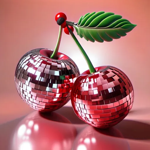 Prompt: with a neon glow Two cherries as a 3D detailed object, with the fruit part covered in a mirrored ball texture triangular in red and white black, very smooth and shiny, with a normal stem and a beautiful, vibrant leaf. The background should be simple and easy to remove, like a plain color or subtle gradient. The artwork should have an oil painting style, with fine details and soft brush strokes, focusing on the disco ball texture and the cherries' shine.