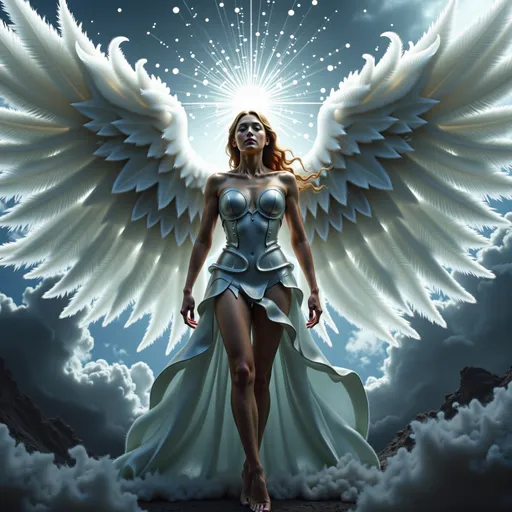 Prompt: n a breathtaking tableau, the avenging angel stands as a formidable sentinel of justice, her majestic wings unfurled in a grand display that captures the very essence of celestial power. Each feather glimmers with ethereal white and silver tones, reflecting a divine light that seems to pulse with the heartbeat of the universe.


Surrounding her is an aura of vengeance, a shimmering halo that crackles with energy, illuminating the darkness that encroaches from the stormy skies above. The clouds churn ominously, their deep grays and blacks contrasting sharply with the radiant light that breaks through, casting a surreal glow upon the scene. This interplay of light and shadow creates a captivating visual narrative, evoking a sense of impending reckoning.


The angel's expression is one of fierce determination, her eyes ablaze with a righteous fire that speaks of unwavering resolve. Every muscle in her poised stance conveys strength and purpose, as if she is ready to unleash the full force of her divine wrath upon those who have wronged the innocent.


The atmosphere is thick with intensity, each detail rendered in stunning 4K ultra-definition, allowing viewers to immerse themselves in the cinematic grandeur of the moment. The air crackles with anticipation, as the avenging angel stands as a beacon of hope and a harbinger of justice, ready to reclaim the balance between light and dark. This is not just a figure of vengeance; she is a symbol of the indomitable spirit that rises against the shadows, inspiring awe and reverence in all who behold her.

