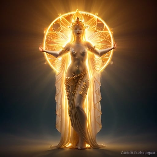 Prompt: height of summer Goddess, sunbaked ethereal body, celestial robes flowing, glowing white golden halo, mythical deity, otherworldly presence, high quality, ethereal, celestial, mystical, detailed design, warm tones, summertime glowing, atmospheric lighting