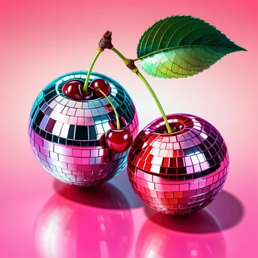 Prompt: with a neon glow Two cherries as a PNG, with the fruit part covered in a mirrored ball texture in red and pink colors, very smooth and shiny, with a normal stem and a beautiful, vibrant leaf. The background should be simple and easy to remove, like a plain color or subtle gradient. The artwork should have an oil painting style, with fine details and soft brush strokes, focusing on the disco ball texture and the cherries' shine.