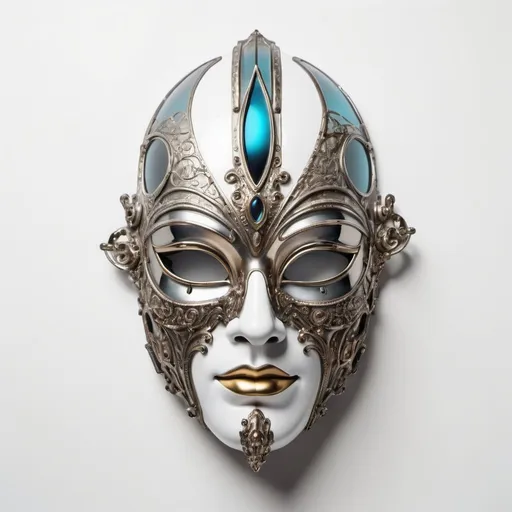 Prompt: Ornate mask, futuristic surreal style, vintage look, delicate and exquisite, isolated on white background, glas, chrome, ceramic, masculine 