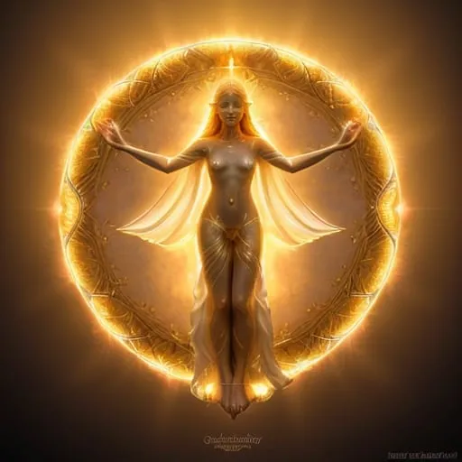 Prompt: height of summer Goddess, sunbaked ethereal body, celestial robes flowing, glowing white golden halo, mythical deity, otherworldly presence, high quality, ethereal, celestial, mystical, detailed design, warm tones, summertime glowing, atmospheric lighting