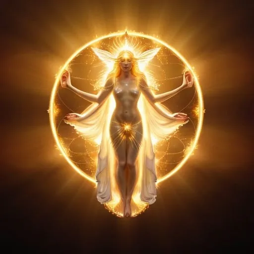 Prompt: height of summer Goddess, sunbaked ethereal body, celestial robes flowing, glowing white golden halo, mythical deity, otherworldly presence, high quality, ethereal, celestial, mystical, detailed design, warm tones, summertime glowing, atmospheric lighting