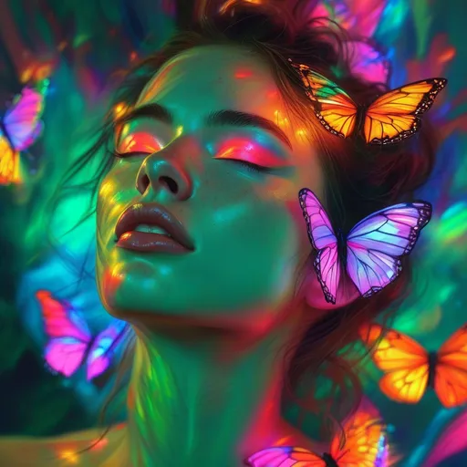 Prompt: realistic proud light drawing bright neon Butterflies on angelic woman's green painted face spectrum of light drawing rich colours painting intricate detail spectrum array off colour backdrop, bright colourful, elegant design