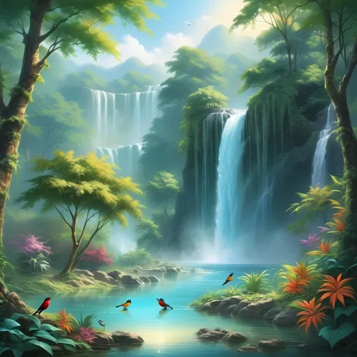 Prompt: (stunning scenic waterfall), (radiant turquoise water), lush greenery surrounding, (colorful birds bathing), gentle mist rising, vibrant foliage, (sunlight cascading through trees), serene atmosphere, tranquil and refreshing vibe, high-quality details emphasizing natural beauty, (peaceful ambiance), ultra-detailed, vivid colors.