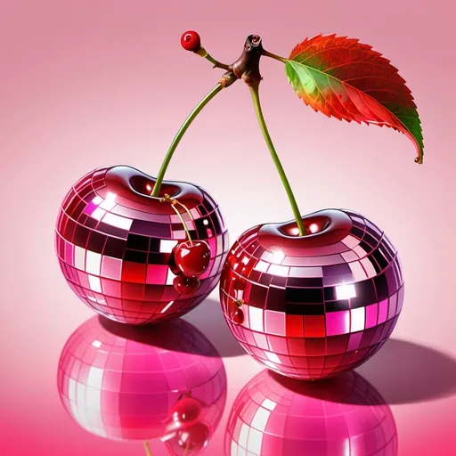 Prompt: Two cherries as a PNG, with the fruit part covered in a mirrored ball texture in red and pink colors, very smooth and shiny, with a normal stem and a beautiful, vibrant leaf. The background should be simple and easy to remove, like a plain color or subtle gradient. The artwork should have an oil painting style, with fine details and soft brush strokes, focusing on the disco ball texture and the cherries' shine.