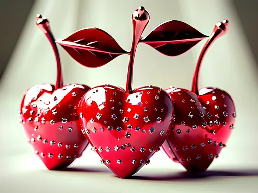 Prompt: a group of three shiny red hearts sitting on top of each other on a white surface with a red stem, David Martin, computer art, 3 d render, a 3D render with a neon glow three cherries as a 3D detailed object with the fruit part covered in a mirrored ball texture  like collage triangular in red and black, very smooth and shiny, with a normal stem and a beautiful, vibrant leaf. The background should be simple and easy to remove, like a plain color or subtle gradient. The artwork should have an oil painting style, with fine details and soft brush strokes, focusing on the disco ball texture and the cherries' shine.