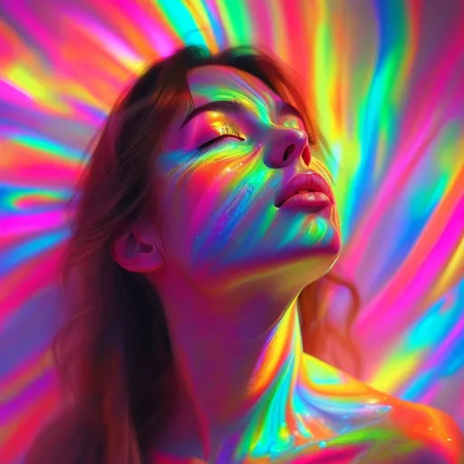 Prompt: realistic proud light drawing bright neon Butterflies on angelic woman's multicoloured painted face spectrum of light drawing rich colours painting intricate detail spectrum array off colour backdrop, bright colourful, elegant design