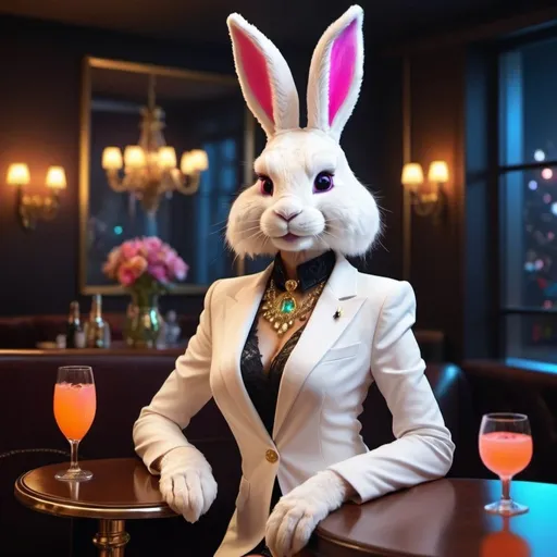 Prompt: Female humanoid Easter bunny, elegant evening attire, upscale club setting, elaborate neon accessories, high quality, detailed fur texture, anthropomorphic character, casual drinking, classy, sophisticated, festive atmosphere