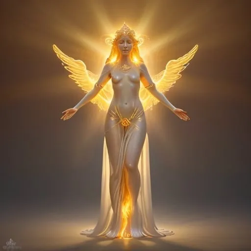 Prompt: height of summer Goddess, sunbaked ethereal body, celestial robes flowing, glowing white golden halo, mythical deity, otherworldly presence, high quality, ethereal, celestial, mystical, detailed design, warm tones, summertime glowing, atmospheric lighting