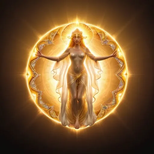 Prompt: height of summer Goddess, sunbaked ethereal body, celestial robes flowing, glowing white golden halo, mythical deity, otherworldly presence, high quality, ethereal, celestial, mystical, detailed design, warm tones, summertime glowing, atmospheric lighting