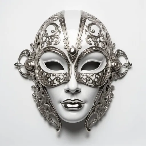 Prompt: Ornate mask, futuristic surreal style, vintage look, delicate and exquisite, isolated on white background, glas, chrome, ceramic