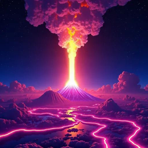 Prompt: Erupting volcano with the cosmos envisioned by spectrums on acid spectrums and mounds twisted looping around the multi coloured planets and mountains radar waves as if musically envisioned patination celestial radio waves psychedelic colour spectrum, soft neon pastel colours neon glittery shiny glossy cosmic boom celestial dance vortex of sound waves pulsing over the landscape emits a radiant wave of brighter particles. The landscape, rendered in intricate 3D detail, exudes technological sophistication, A spectrum of colors dances across the data visualization, with dots interconnected by delicate lines, volcanoes erupt with energy blowing molten rainbow coloured lava upwards 
