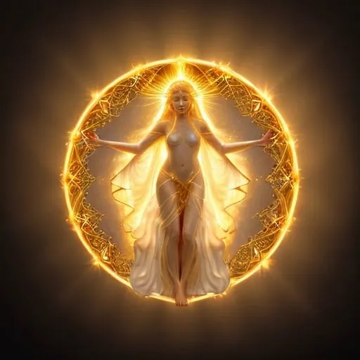 Prompt: height of summer Goddess, sunbaked ethereal body, celestial robes flowing, glowing white golden halo, mythical deity, otherworldly presence, high quality, ethereal, celestial, mystical, detailed design, warm tones, summertime glowing, atmospheric lighting