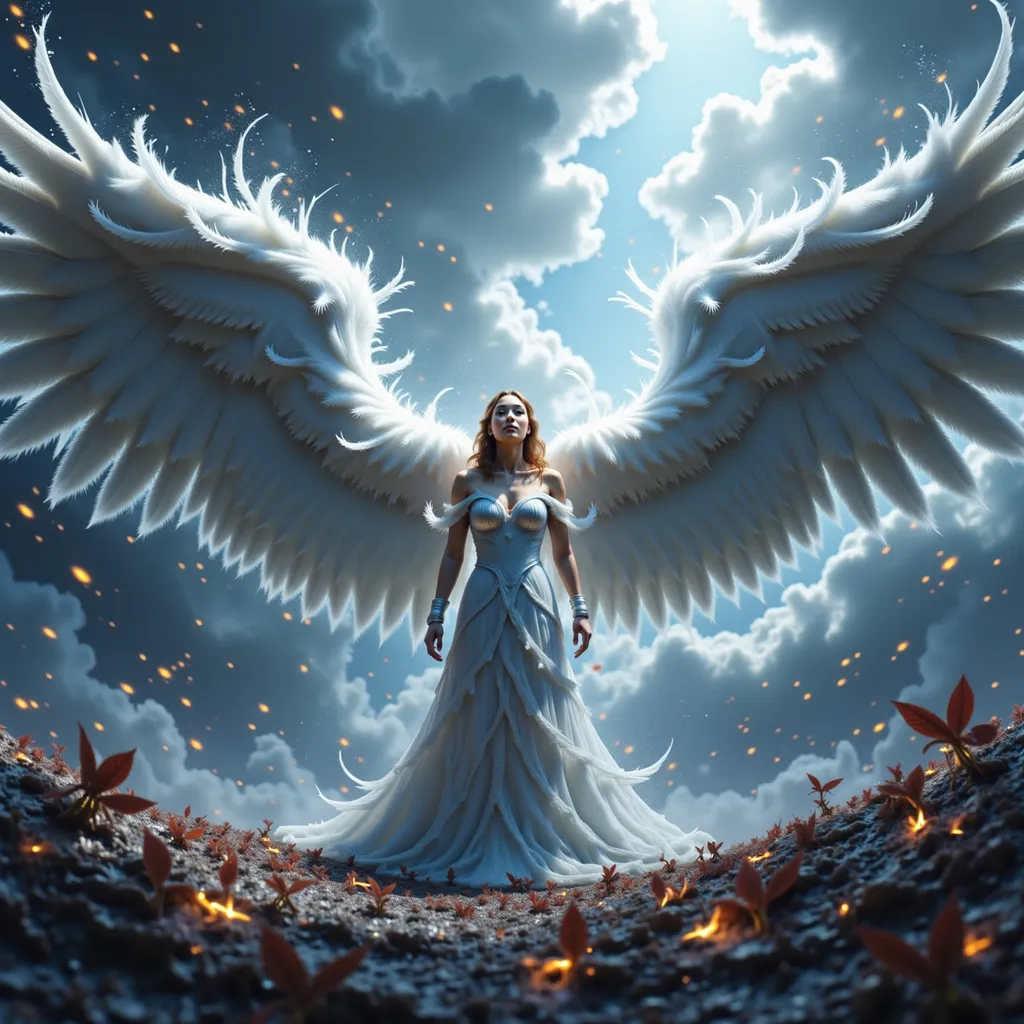 Prompt: n a breathtaking tableau, the avenging angel stands as a formidable sentinel of justice, her majestic wings unfurled in a grand display that captures the very essence of celestial power. Each feather glimmers with ethereal white and silver tones, reflecting a divine light that seems to pulse with the heartbeat of the universe.


Surrounding her is an aura of vengeance, a shimmering halo that crackles with energy, illuminating the darkness that encroaches from the stormy skies above. The clouds churn ominously, their deep grays and blacks contrasting sharply with the radiant light that breaks through, casting a surreal glow upon the scene. This interplay of light and shadow creates a captivating visual narrative, evoking a sense of impending reckoning.


The angel's expression is one of fierce determination, her eyes ablaze with a righteous fire that speaks of unwavering resolve. Every muscle in her poised stance conveys strength and purpose, as if she is ready to unleash the full force of her divine wrath upon those who have wronged the innocent.


The atmosphere is thick with intensity, each detail rendered in stunning 4K ultra-definition, allowing viewers to immerse themselves in the cinematic grandeur of the moment. The air crackles with anticipation, as the avenging angel stands as a beacon of hope and a harbinger of justice, ready to reclaim the balance between light and dark. This is not just a figure of vengeance; she is a symbol of the indomitable spirit that rises against the shadows, inspiring awe and reverence in all who behold her.

