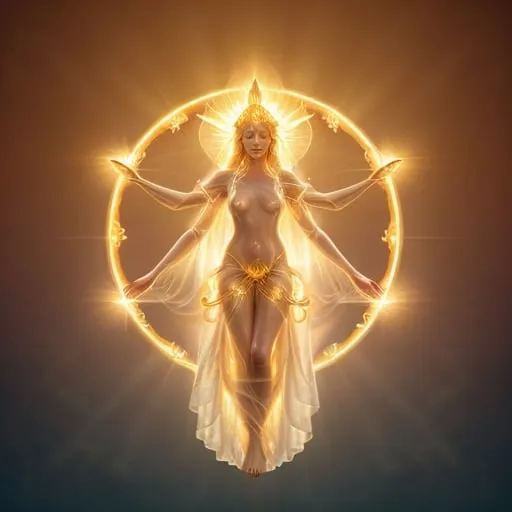 Prompt: height of summer Goddess, sunbaked ethereal body, celestial robes flowing, glowing white golden halo, mythical deity, otherworldly presence, high quality, ethereal, celestial, mystical, detailed design, warm tones, summertime glowing, atmospheric lighting