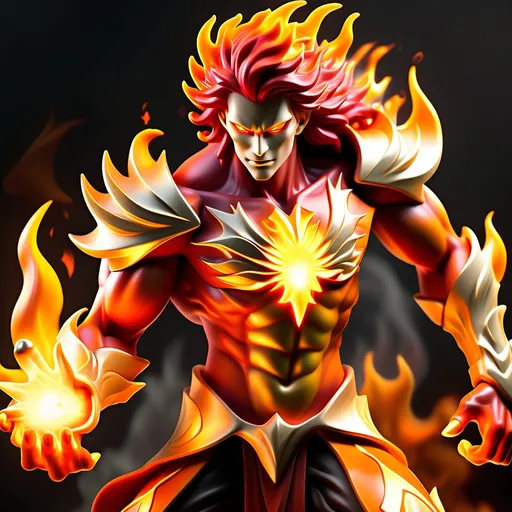 Prompt: A striking fire elemental champion with flowing crimson hair that flickers like flames and piercing amber eyes that glow with an inner fire. His pose is commanding and fierce, exuding an aura of both power and intensity, as if he is the very embodiment of a blazing inferno. Fiery orange and gold highlights illuminate his figure, casting a radiant glow that contrasts with the chaotic brilliance of swirling flames and crackling embers surrounding him. He conjures fire with his outstretched hands, sending forth brilliant fireballs and streams of molten energy that dance and twist in the air, showcasing his mastery over fire magic.


The background features a sleek, dark obsidian surface, isolating him and accentuating the tumultuous energy of the flames, making him the focal point of this dramatic scene. Focus on capturing the intricate textures of the flames, the dynamic details of his fiery attire, and the palpable motion that conveys his immense power and the casting of his unparalleled fire magic. The artwork should be rendered in ultra-high detail and resolution, celebrating the duality of beauty and strength that defines this fire champion. Full arm tattoos of intricate flame designs wrap around his arms, further emphasizing his connection to the elemental forces he commands.



