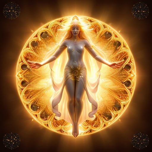 Prompt: height of summer Goddess, sunbaked ethereal body, celestial robes flowing, glowing white golden halo, mythical deity, otherworldly presence, high quality, ethereal, celestial, mystical, detailed design, warm tones, summertime glowing, atmospheric lighting