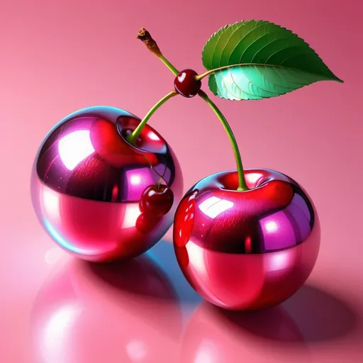 Prompt: with a neon glow Two cherries as a PNG, with the fruit part covered in a mirrored ball texture in red and pink colors, very smooth and shiny, with a normal stem and a beautiful, vibrant leaf. The background should be simple and easy to remove, like a plain color or subtle gradient. The artwork should have an oil painting style, with fine details and soft brush strokes, focusing on the disco ball texture and the cherries' shine.