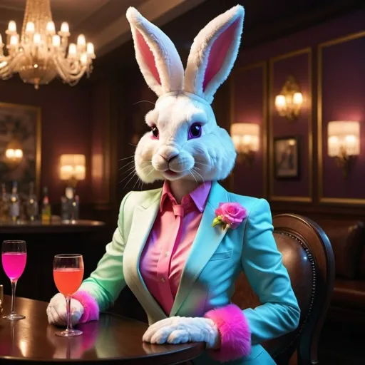 Prompt: Female humanoid Easter bunny, elegant evening attire, upscale club setting, elaborate neon bright accessories, high quality, detailed fur texture, anthropomorphic character, casual drinking, classy, sophisticated, festive atmosphere
