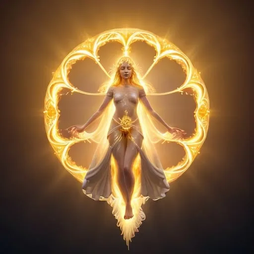 Prompt: height of summer Goddess, sunbaked ethereal body, celestial robes flowing, glowing white golden halo, mythical deity, otherworldly presence, high quality, ethereal, celestial, mystical, detailed design, warm tones, summertime glowing, atmospheric lighting