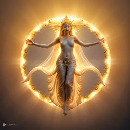 Prompt: height of summer Goddess, sunbaked ethereal body, celestial robes flowing, glowing white golden halo, mythical deity, otherworldly presence, high quality, ethereal, celestial, mystical, detailed design, warm tones, summertime glowing, atmospheric lighting