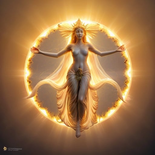 Prompt: height of summer Goddess, sunbaked ethereal body, celestial robes flowing, glowing white golden halo, mythical deity, otherworldly presence, high quality, ethereal, celestial, mystical, detailed design, warm tones, summertime glowing, atmospheric lighting