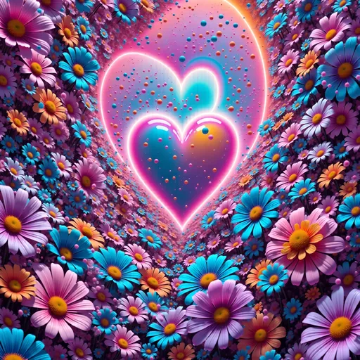Prompt: realistic proud light drawing bright neon hearts pink and blue and flowers detailed max  shot with opposite color glowing outline also a variety rare patterned cobweb glow covers flowers spectrum of light drawing rich colours painting intricate detail spectrum array of pastel colour backdrop, bright colourful, elegant design