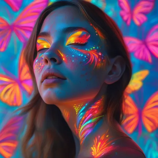 Prompt: realistic proud light drawing bright neon Butterflies on angelic woman's blue painted face spectrum of light drawing rich colours painting intricate detail spectrum array off colour backdrop, bright colourful, elegant design