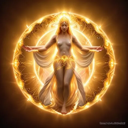 Prompt: height of summer Goddess, sunbaked ethereal body, celestial robes flowing, glowing white golden halo, mythical deity, otherworldly presence, high quality, ethereal, celestial, mystical, detailed design, warm tones, summertime glowing, atmospheric lighting