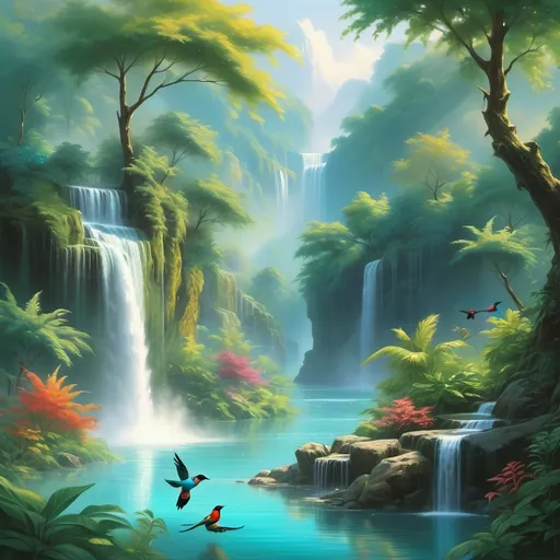 Prompt: (stunning scenic waterfall), (radiant turquoise water), lush greenery surrounding, (colorful birds bathing), gentle mist rising, vibrant foliage, (sunlight cascading through trees), serene atmosphere, tranquil and refreshing vibe, high-quality details emphasizing natural beauty, (peaceful ambiance), ultra-detailed, vivid colors.