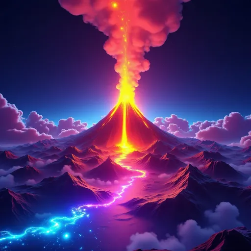 Prompt: Erupting volcano with the cosmos envisioned by spectrums on acid spectrums and mounds twisted looping around the multi coloured planets and mountains radar waves as if musically envisioned patination celestial radio waves psychedelic colour spectrum, soft neon pastel colours neon glittery shiny glossy cosmic boom celestial dance vortex of sound waves pulsing over the landscape emits a radiant wave of brighter particles. The landscape, rendered in intricate 3D detail, exudes technological sophistication, A spectrum of colors dances across the data visualization, with dots interconnected by delicate lines, volcanoes erupt with energy blowing molten rainbow coloured lava upwards 