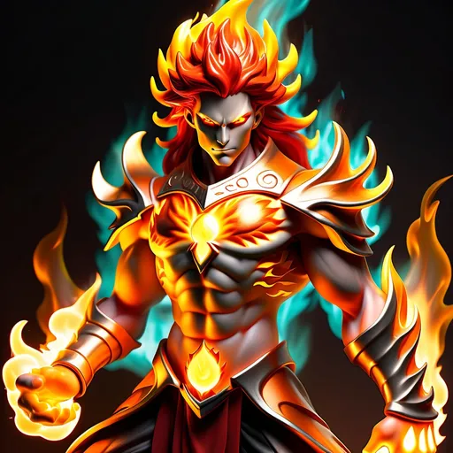 Prompt: A striking fire elemental champion with flowing crimson hair that flickers like flames and piercing amber eyes that glow with an inner fire. His pose is commanding and fierce, exuding an aura of both power and intensity, as if he is the very embodiment of a blazing inferno. Fiery orange and gold highlights illuminate his figure, casting a radiant glow that contrasts with the chaotic brilliance of swirling flames and crackling embers surrounding him. He conjures fire with his outstretched hands, sending forth brilliant fireballs and streams of molten energy that dance and twist in the air, showcasing his mastery over fire magic.


The background features a sleek, dark obsidian surface, isolating him and accentuating the tumultuous energy of the flames, making him the focal point of this dramatic scene. Focus on capturing the intricate textures of the flames, the dynamic details of his fiery attire, and the palpable motion that conveys his immense power and the casting of his unparalleled fire magic. The artwork should be rendered in ultra-high detail and resolution, celebrating the duality of beauty and strength that defines this fire champion. Full arm tattoos of intricate flame designs wrap around his arms, further emphasizing his connection to the elemental forces he commands.



